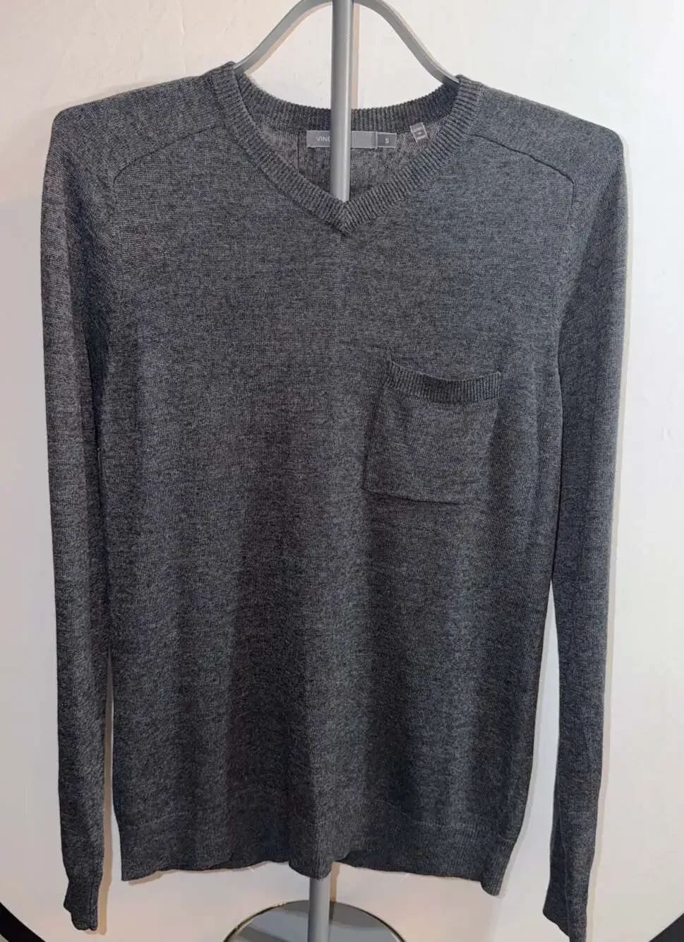 Vince Men's Gray V-Neck Long Sleeve Sweater with Chest Pocket Size S